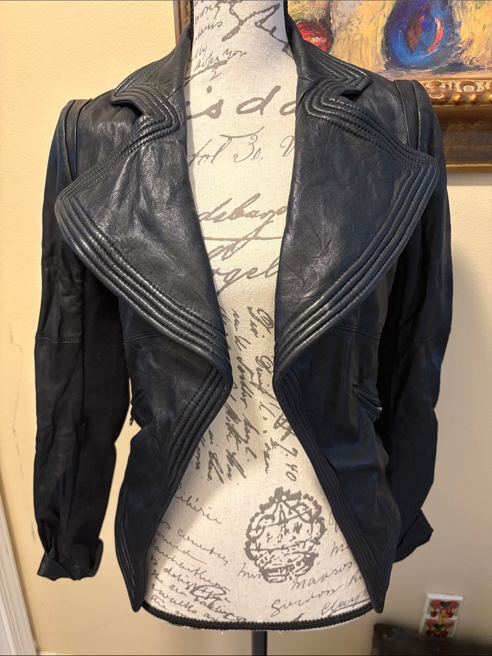 Cut25 Leather Draped wide Collar ribbed fabric/leather long sleeve Jacket